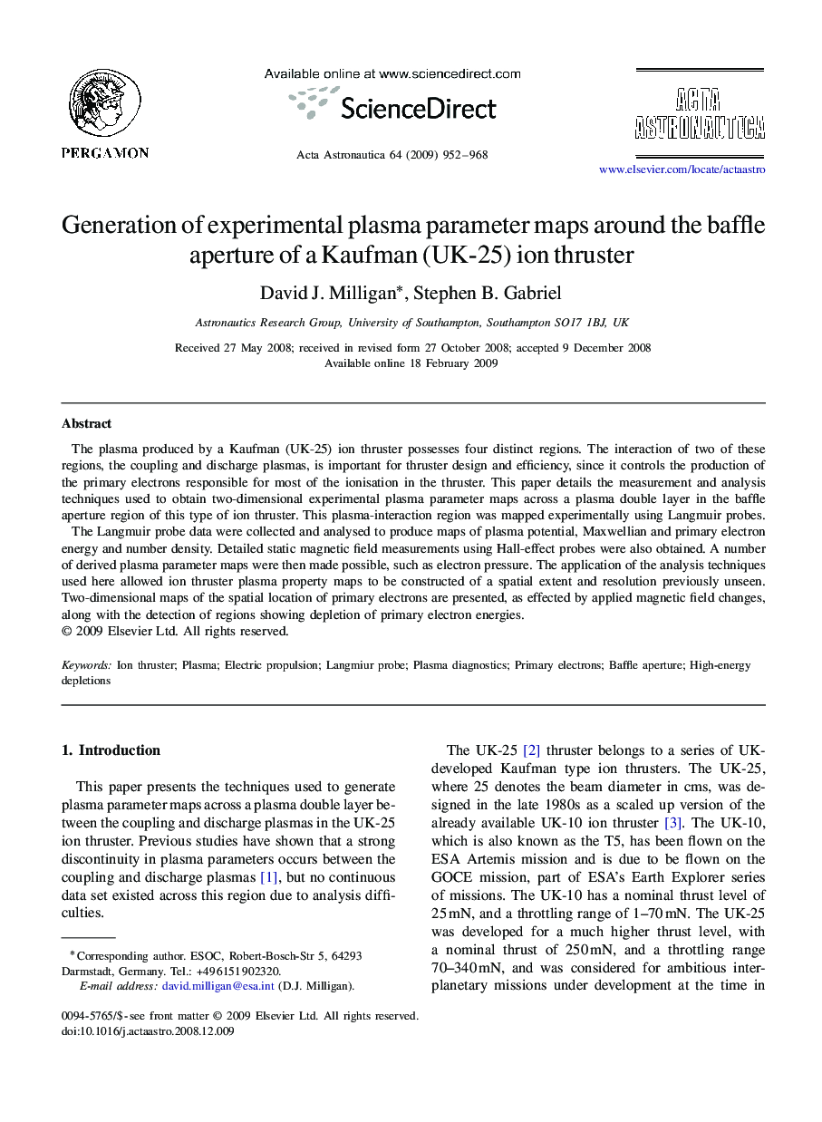 Generation of experimental plasma parameter maps around the baffle aperture of a Kaufman (UK-25) ion thruster