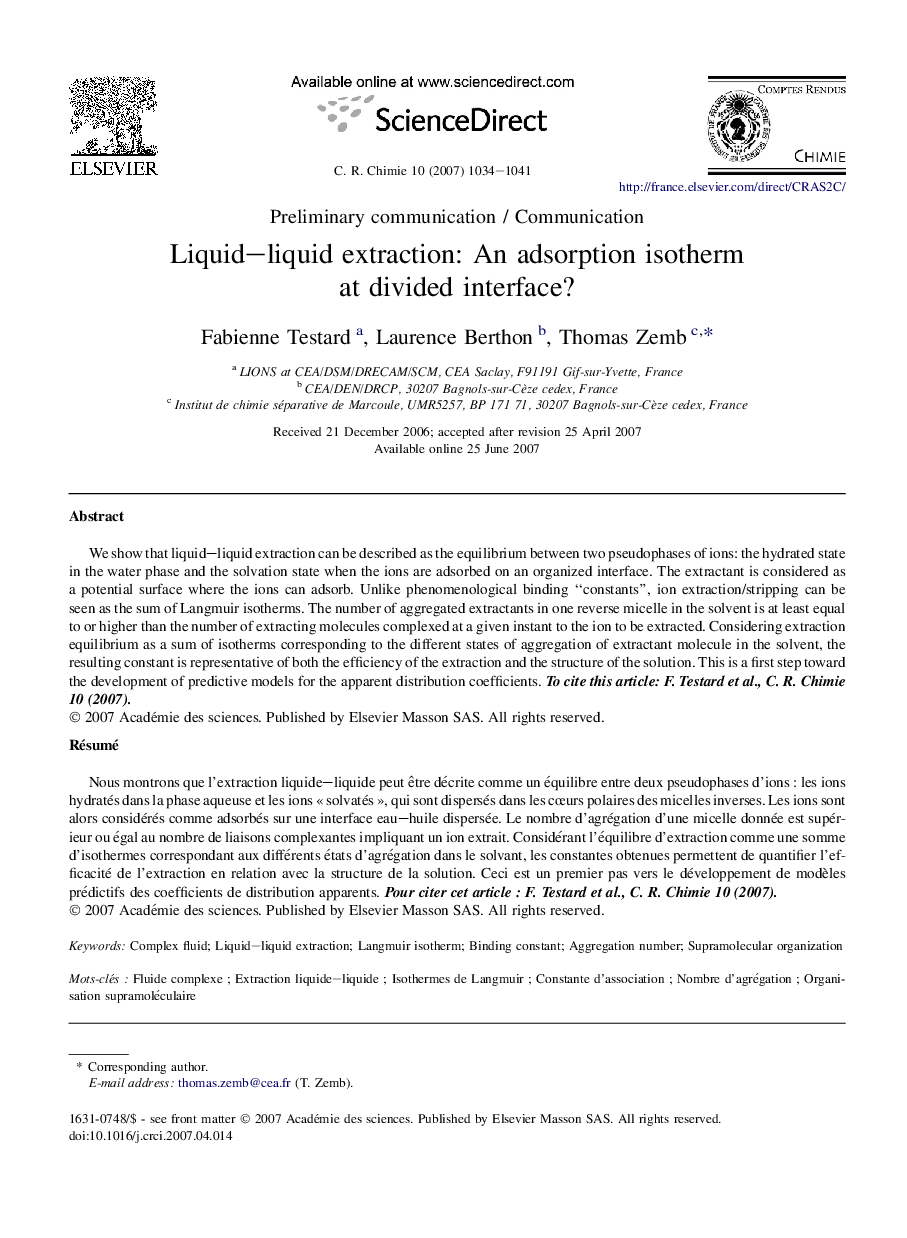 Liquid–liquid extraction: An adsorption isotherm at divided interface?