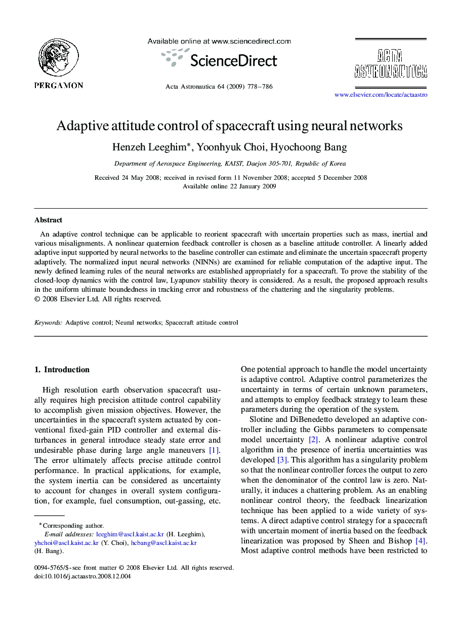 Adaptive attitude control of spacecraft using neural networks