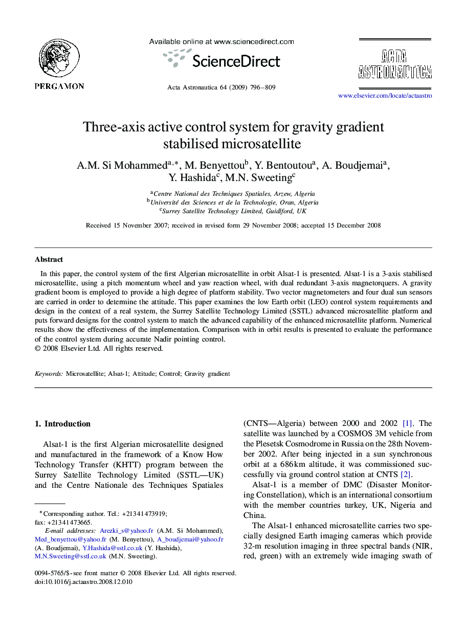 Three-axis active control system for gravity gradient stabilised microsatellite