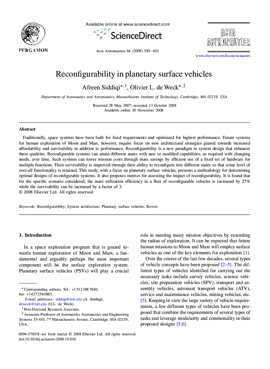 Reconfigurability in planetary surface vehicles