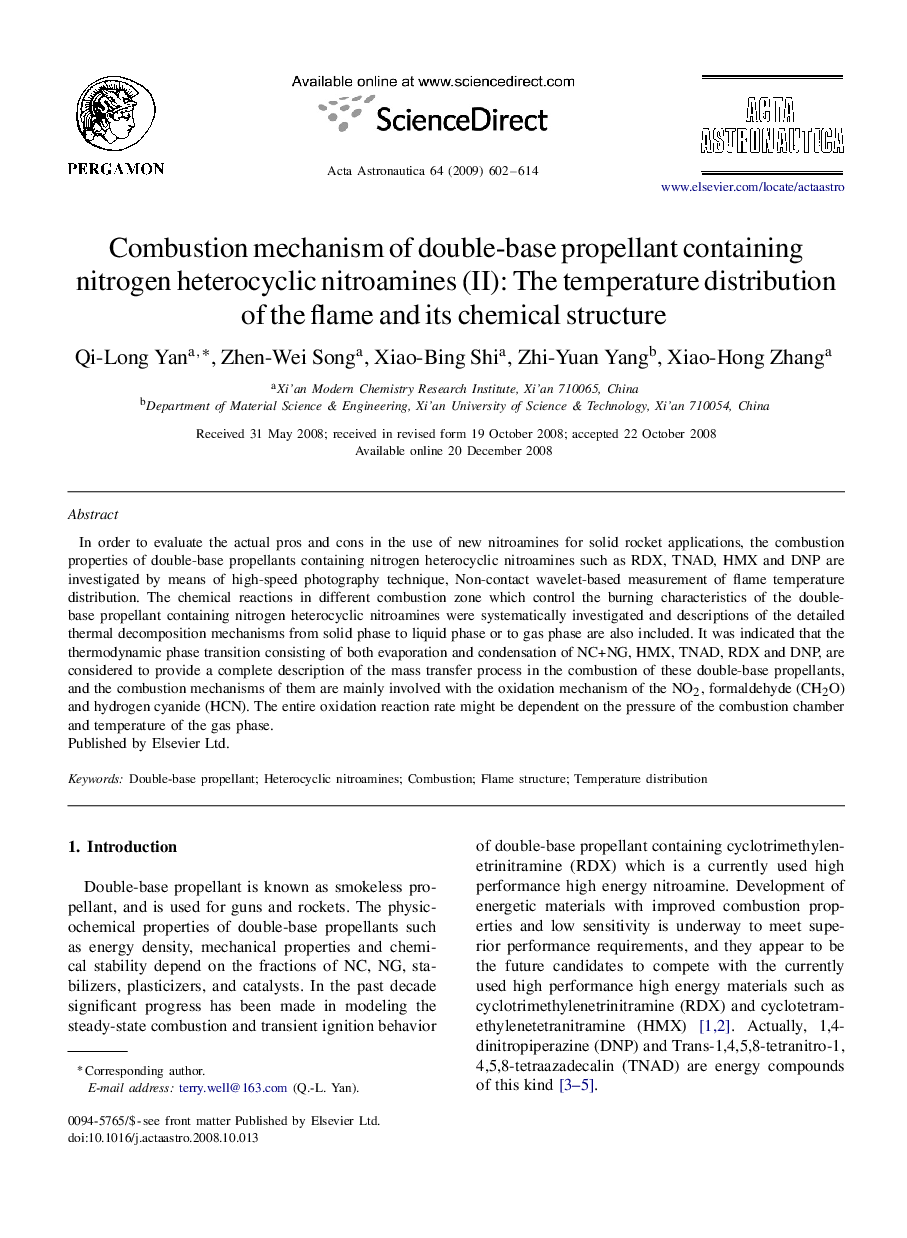 Combustion mechanism of double-base propellant containing nitrogen heterocyclic nitroamines (II): The temperature distribution of the flame and its chemical structure