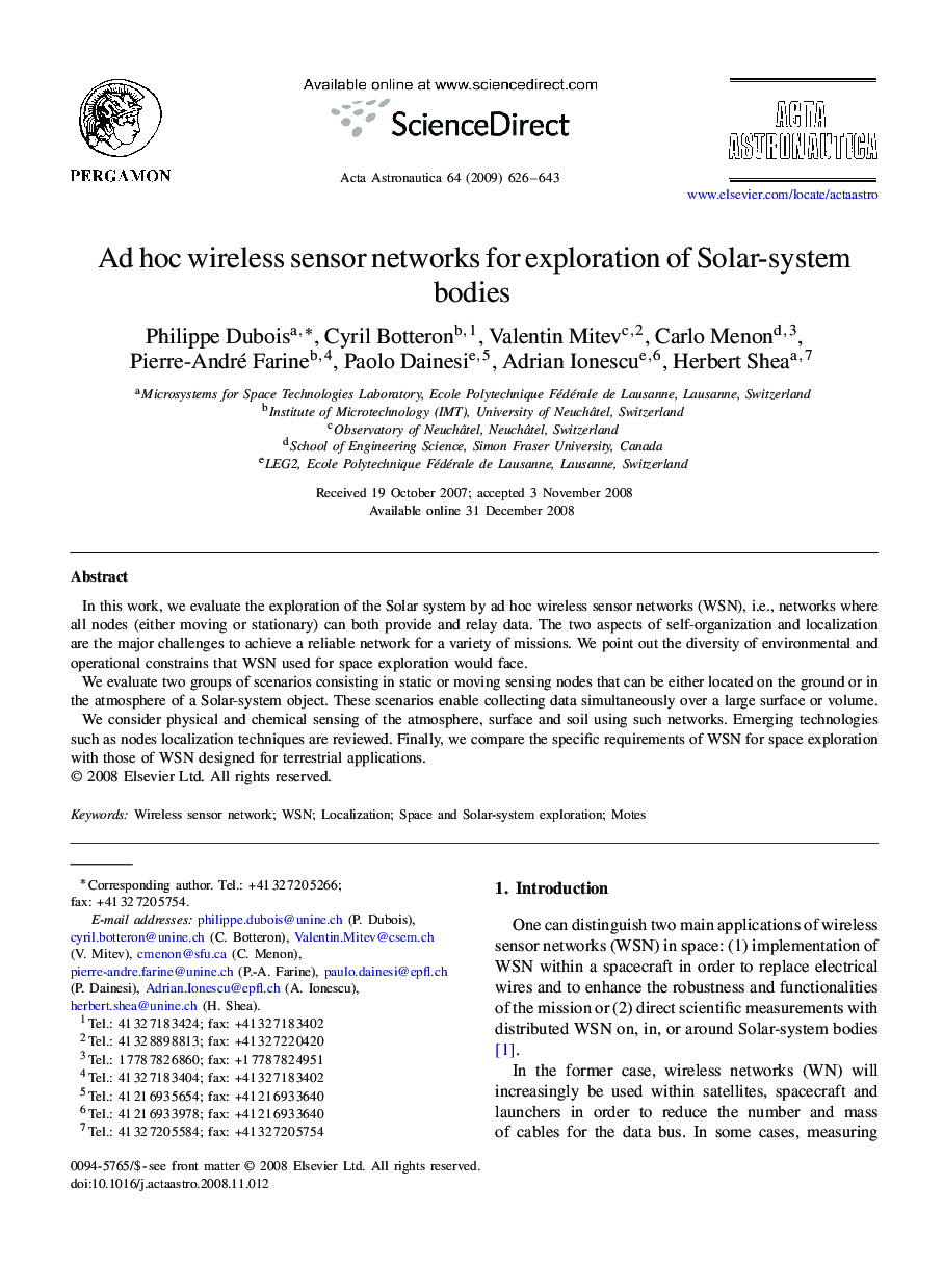 Ad hoc wireless sensor networks for exploration of Solar-system bodies