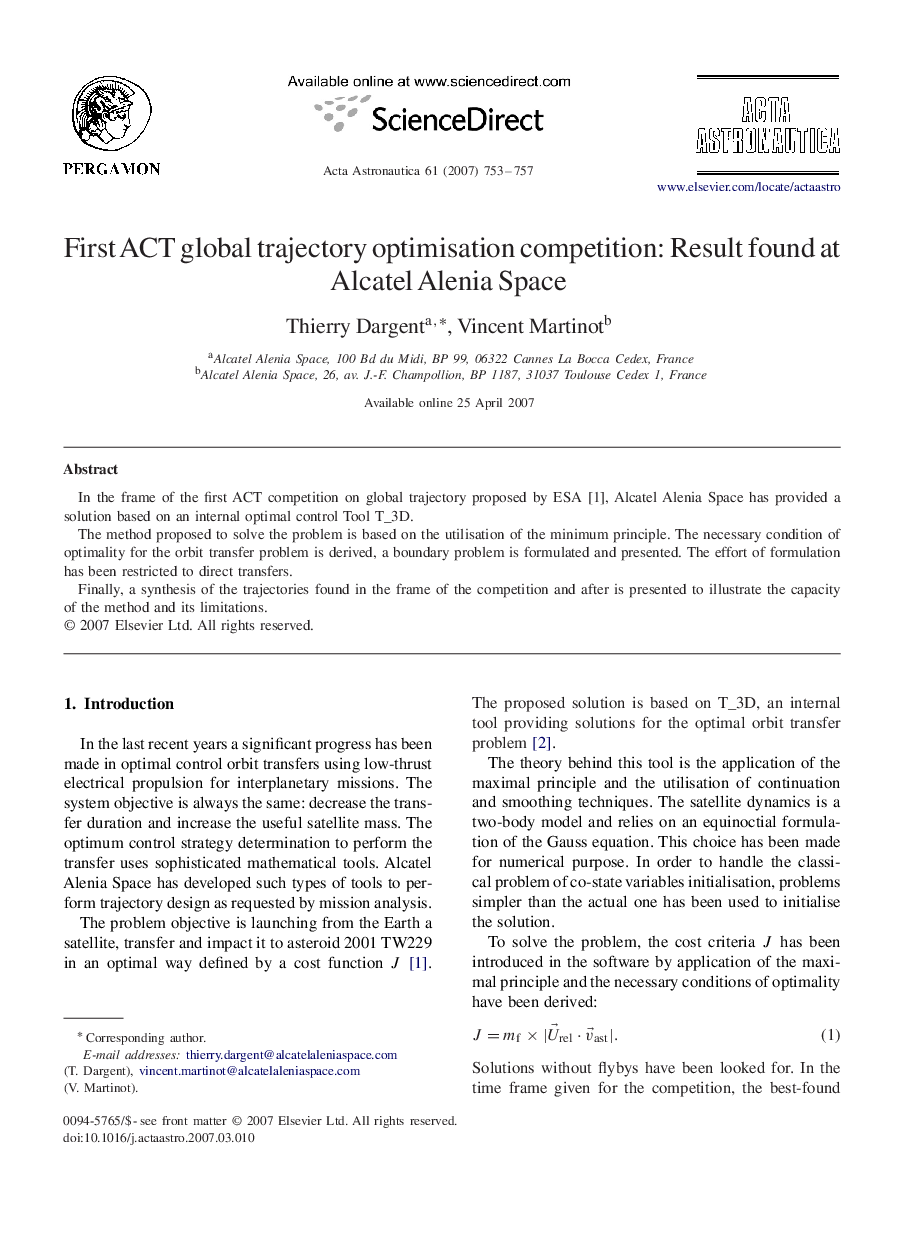 عکس صفحه اول مقاله: First ACT global trajectory optimisation competition: Result found at Alcatel Alenia Space First ACT global trajectory optimisation competition: Result found at Alcatel Alenia Space