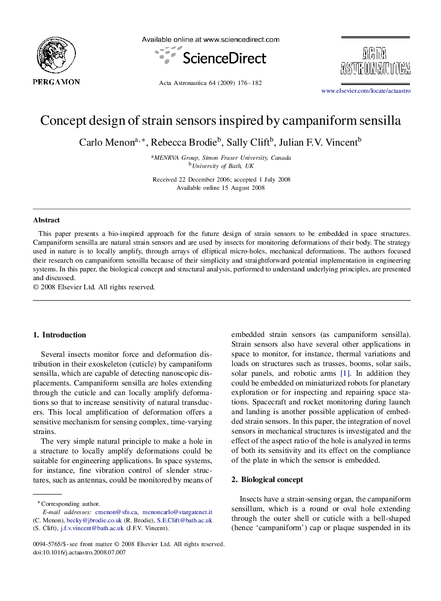 عکس صفحه اول مقاله: Concept design of strain sensors inspired by campaniform sensilla Concept design of strain sensors inspired by campaniform sensilla