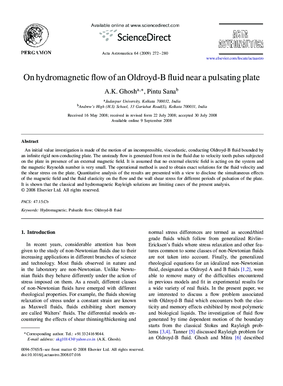 On hydromagnetic flow of an Oldroyd-B fluid near a pulsating plate