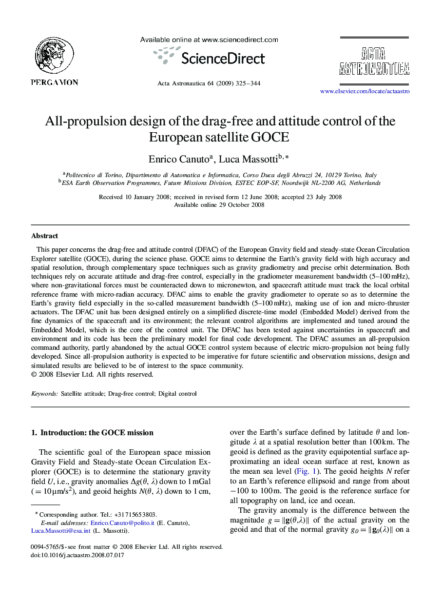 All-propulsion design of the drag-free and attitude control of the European satellite GOCE