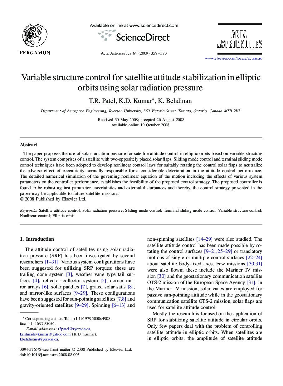 Variable structure control for satellite attitude stabilization in elliptic orbits using solar radiation pressure