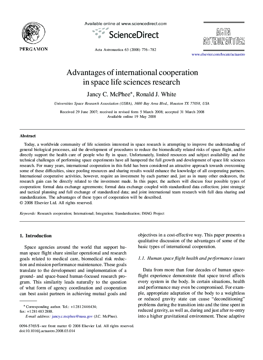 Advantages of international cooperation in space life sciences research