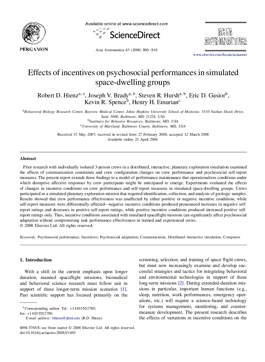 Effects of incentives on psychosocial performances in simulated space-dwelling groups