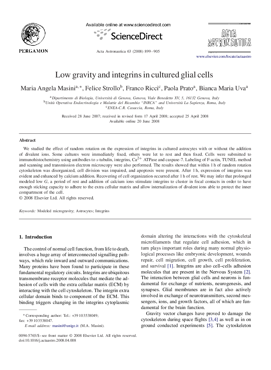 عکس صفحه اول مقاله: Low gravity and integrins in cultured glial cells Low gravity and integrins in cultured glial cells