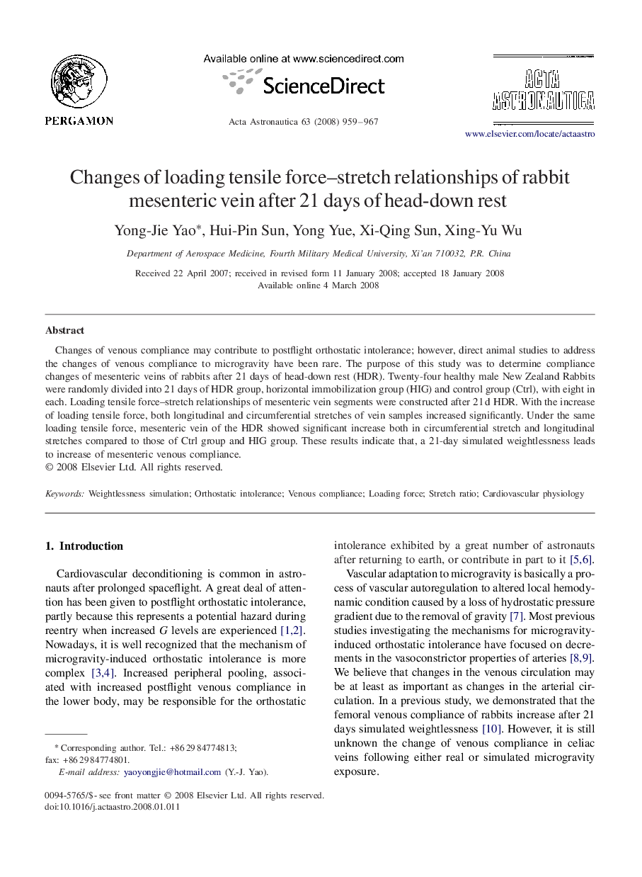 Changes of loading tensile force-stretch relationships of rabbit mesenteric vein after 21 days of head-down rest