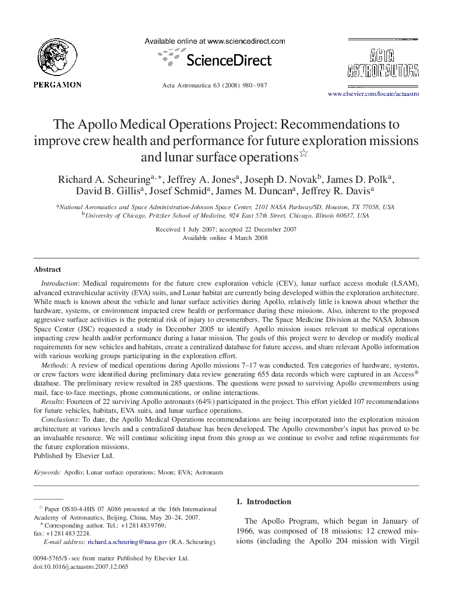 The Apollo Medical Operations Project: Recommendations to improve crew health and performance for future exploration missions and lunar surface operations 