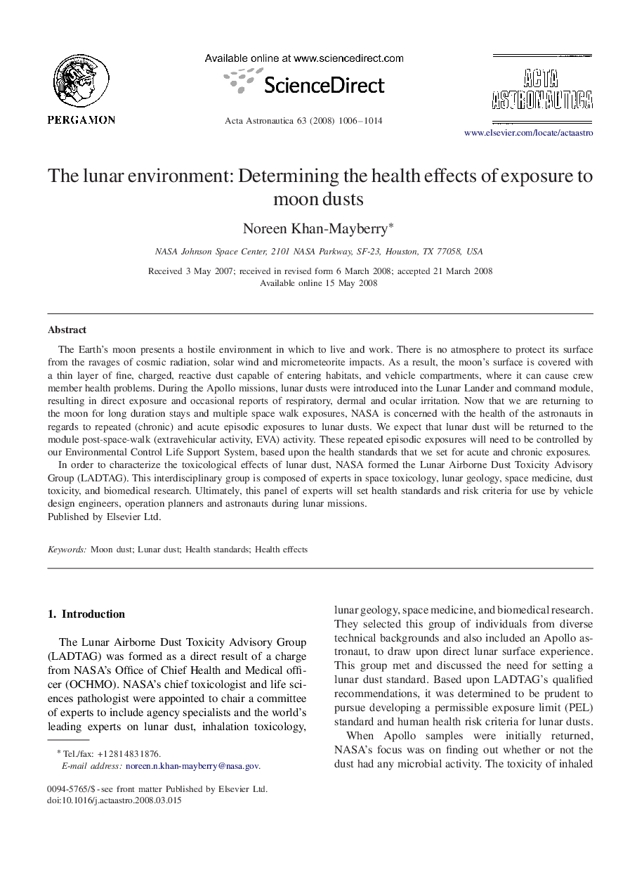 The lunar environment: Determining the health effects of exposure to moon dusts