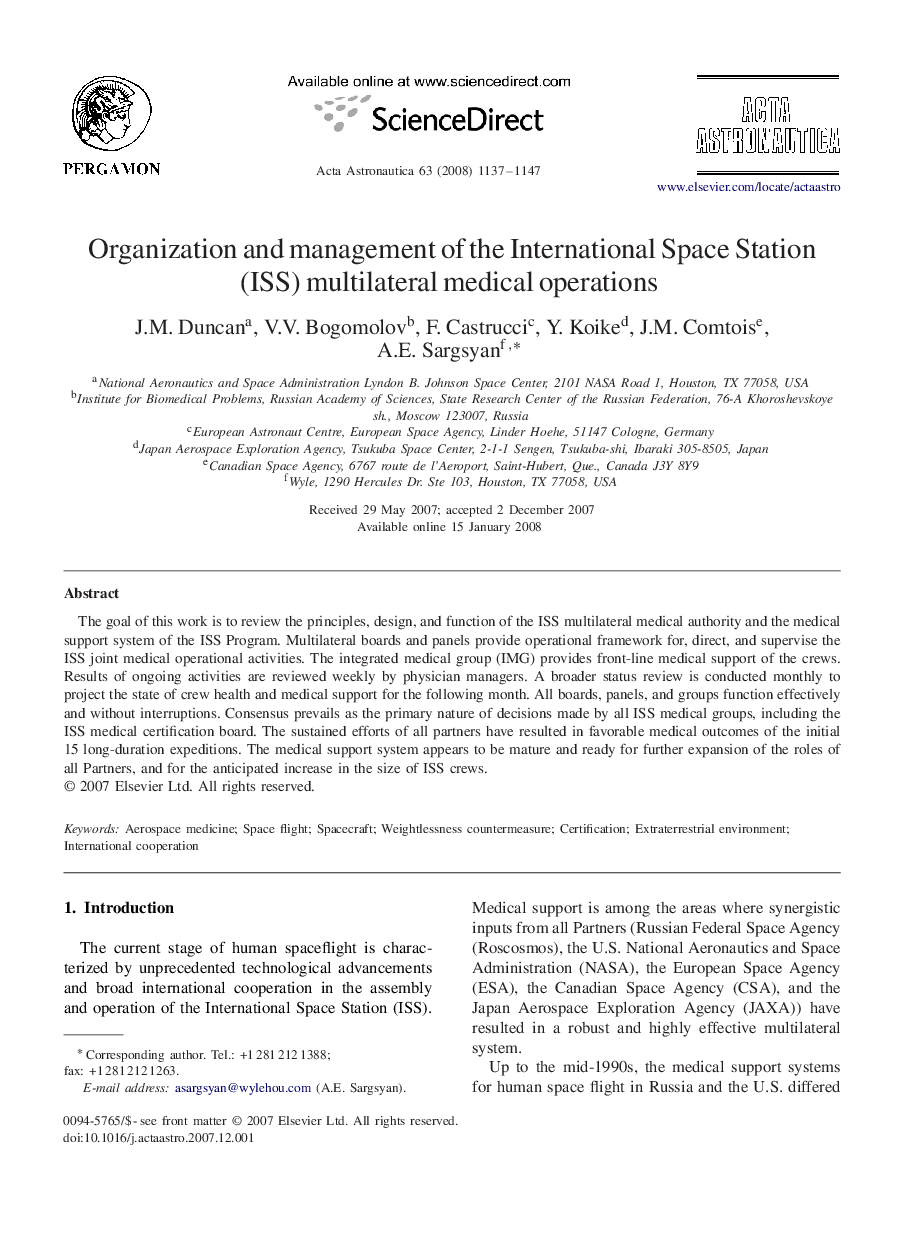 Organization and management of the International Space Station (ISS) multilateral medical operations