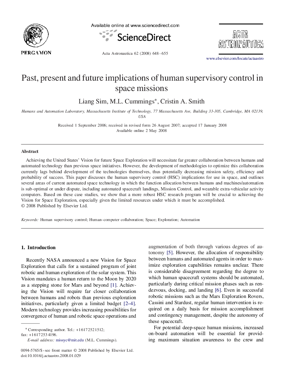 Past, present and future implications of human supervisory control in space missions