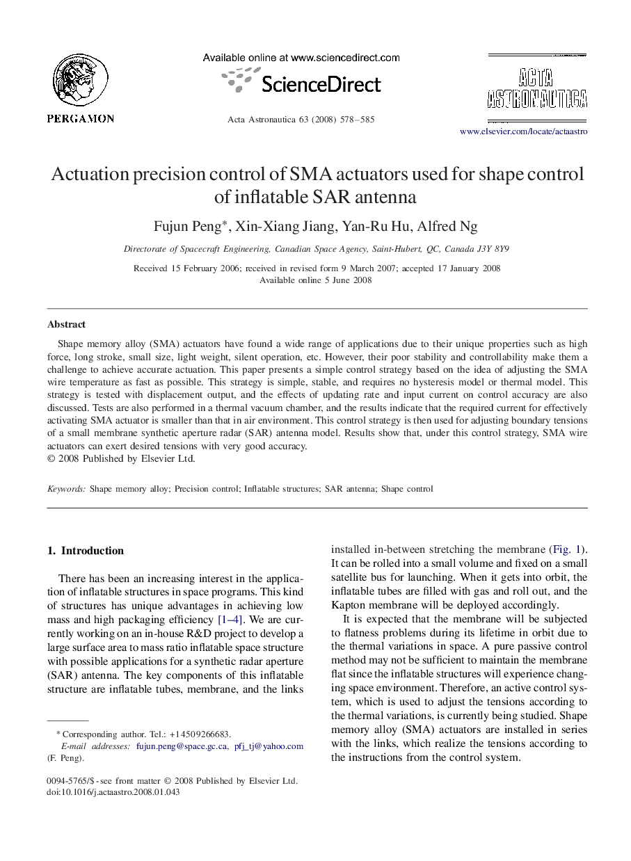 Actuation precision control of SMA actuators used for shape control of inflatable SAR antenna