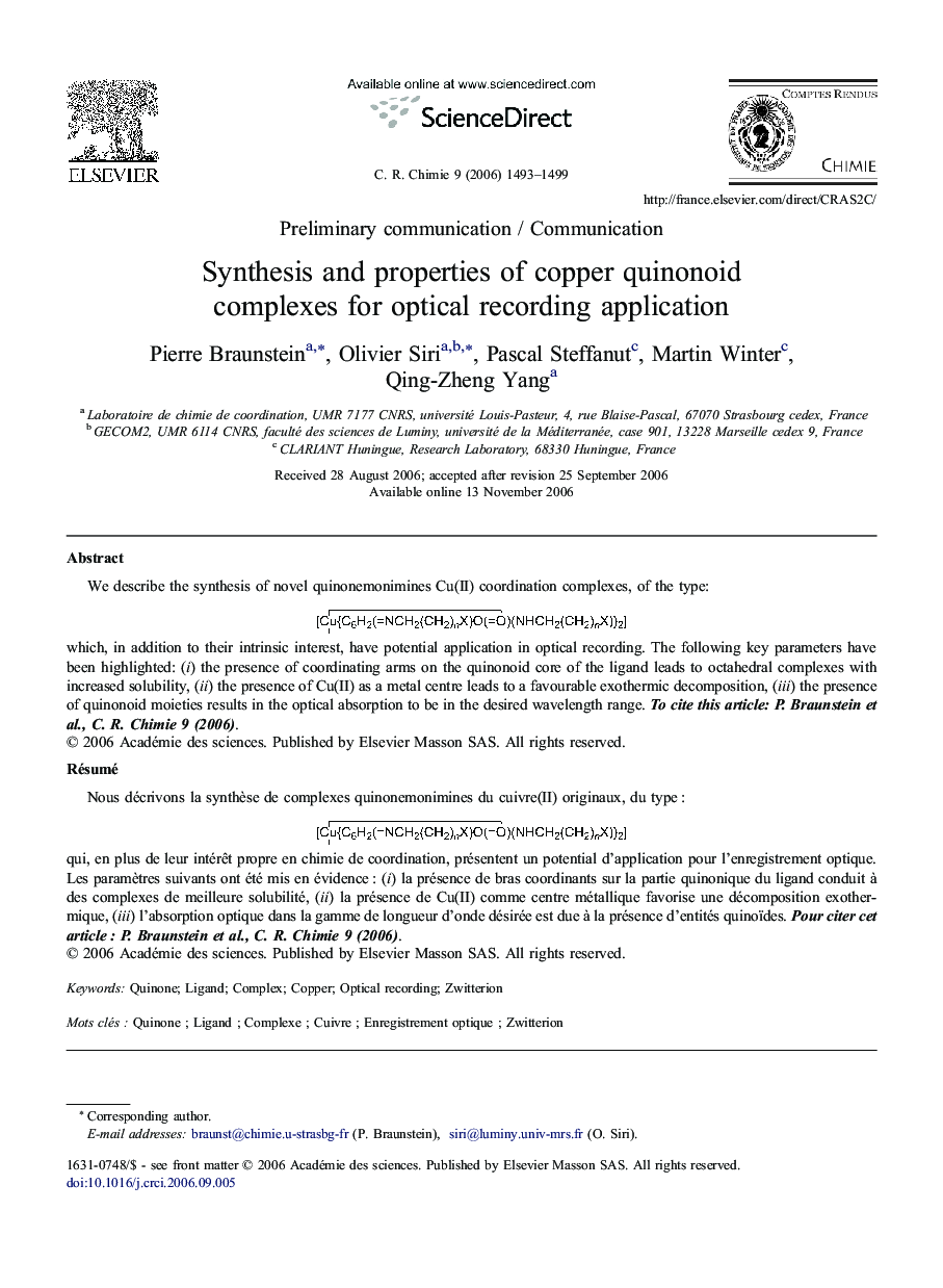 Synthesis and properties of copper quinonoid complexes for optical recording application