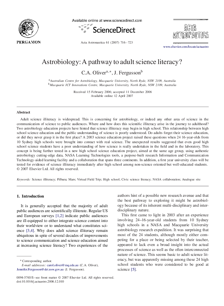 Astrobiology: A pathway to adult science literacy?