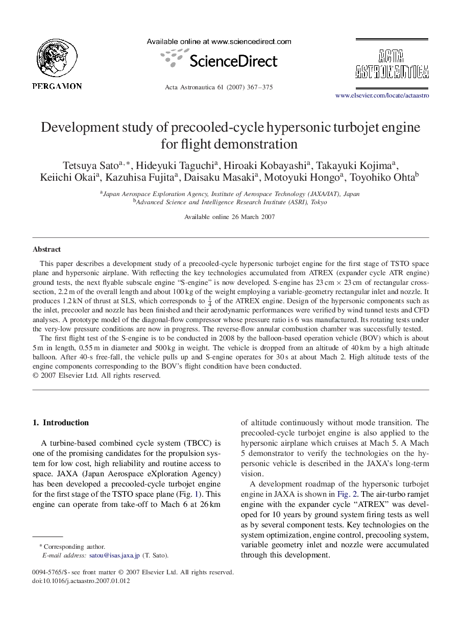 عکس صفحه اول مقاله: Development study of precooled-cycle hypersonic turbojet engine for flight demonstration Development study of precooled-cycle hypersonic turbojet engine for flight demonstration