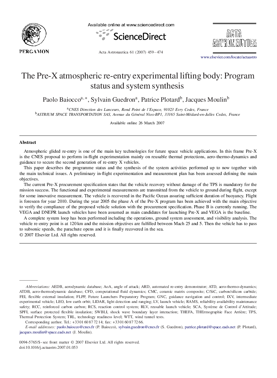 The Pre-X atmospheric re-entry experimental lifting body: Program status and system synthesis