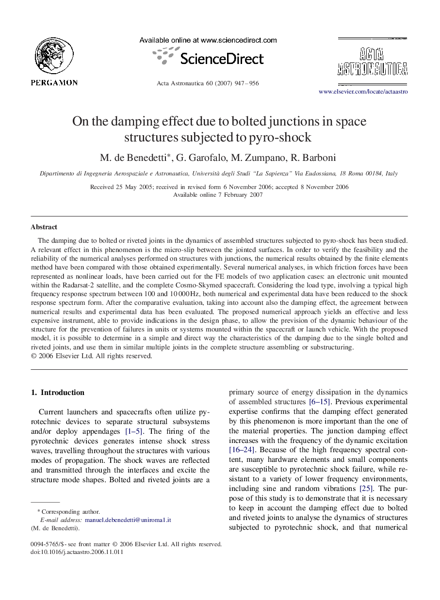 عکس صفحه اول مقاله: On the damping effect due to bolted junctions in space structures subjected to pyro-shock On the damping effect due to bolted junctions in space structures subjected to pyro-shock