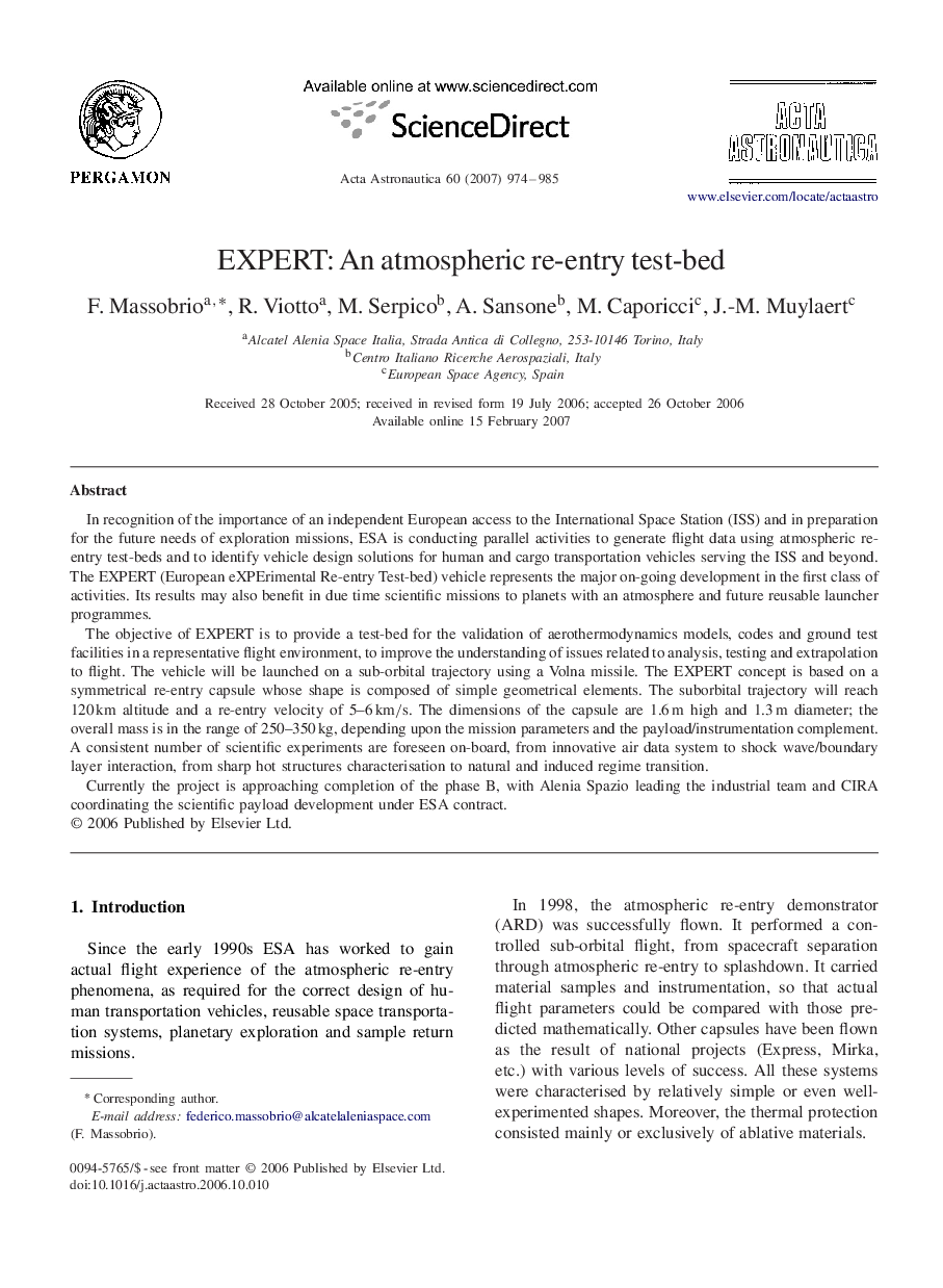 عکس صفحه اول مقاله: EXPERT: An atmospheric re-entry test-bed EXPERT: An atmospheric re-entry test-bed
