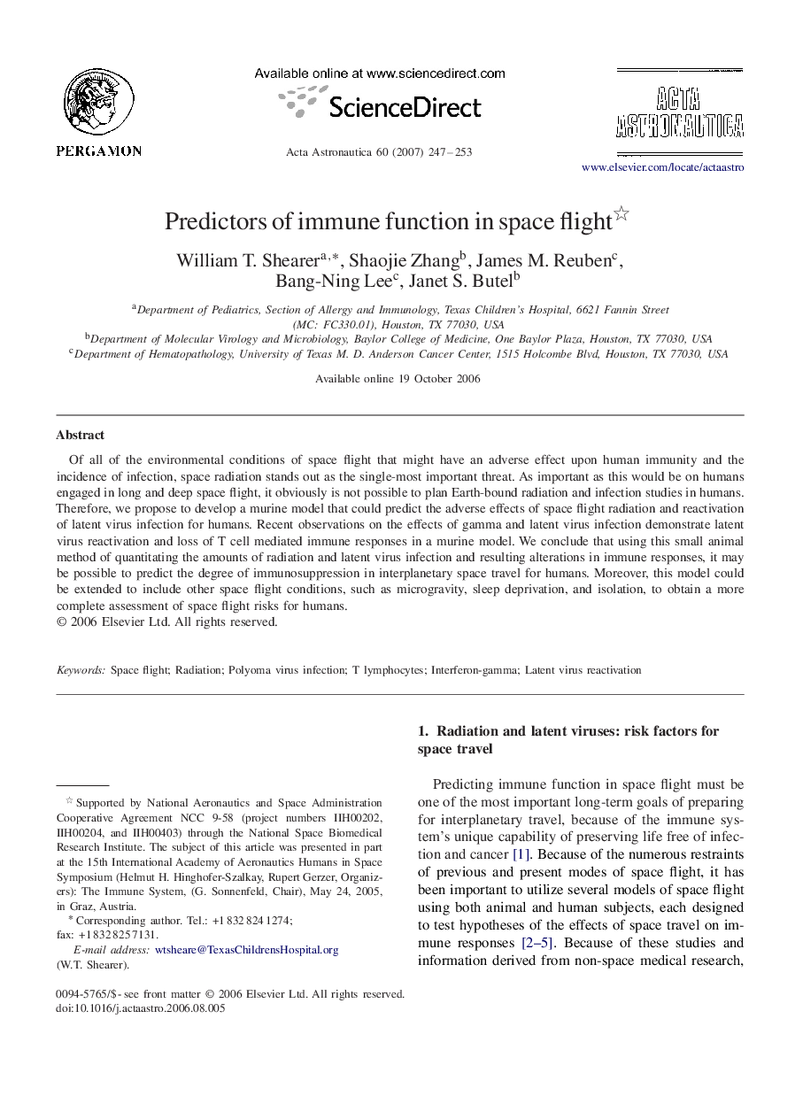 عکس صفحه اول مقاله: Predictors of immune function in space flight Predictors of immune function in space flight
