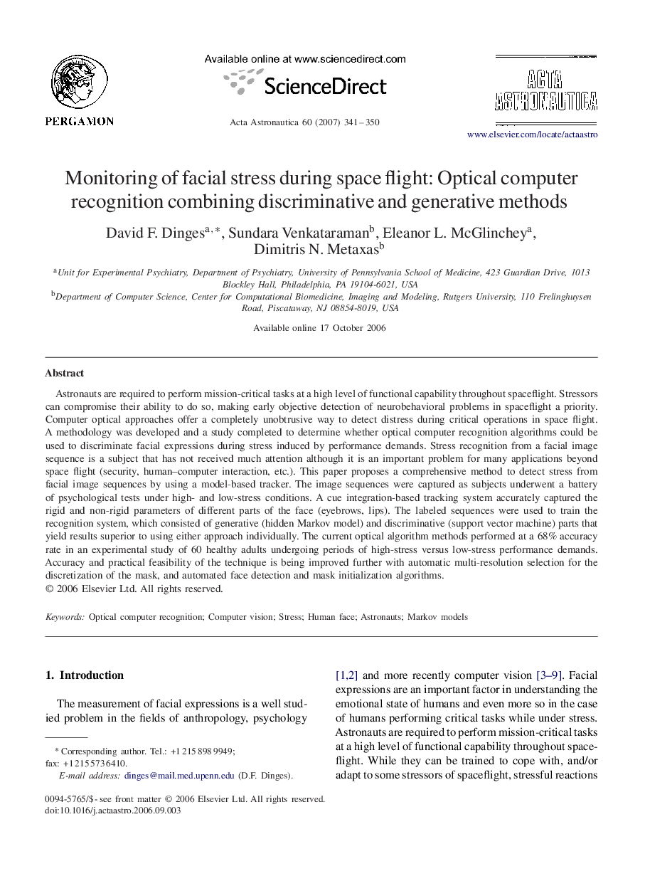 Monitoring of facial stress during space flight: Optical computer recognition combining discriminative and generative methods