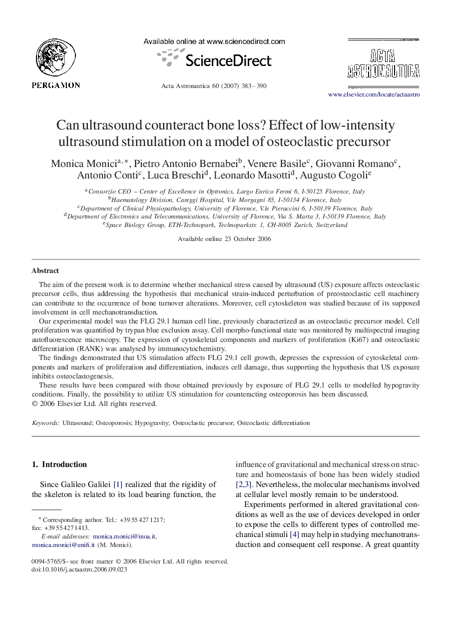 Can ultrasound counteract bone loss? Effect of low-intensity ultrasound stimulation on a model of osteoclastic precursor