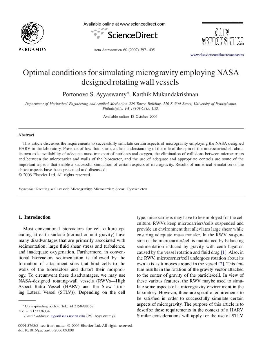 Optimal conditions for simulating microgravity employing NASA designed rotating wall vessels