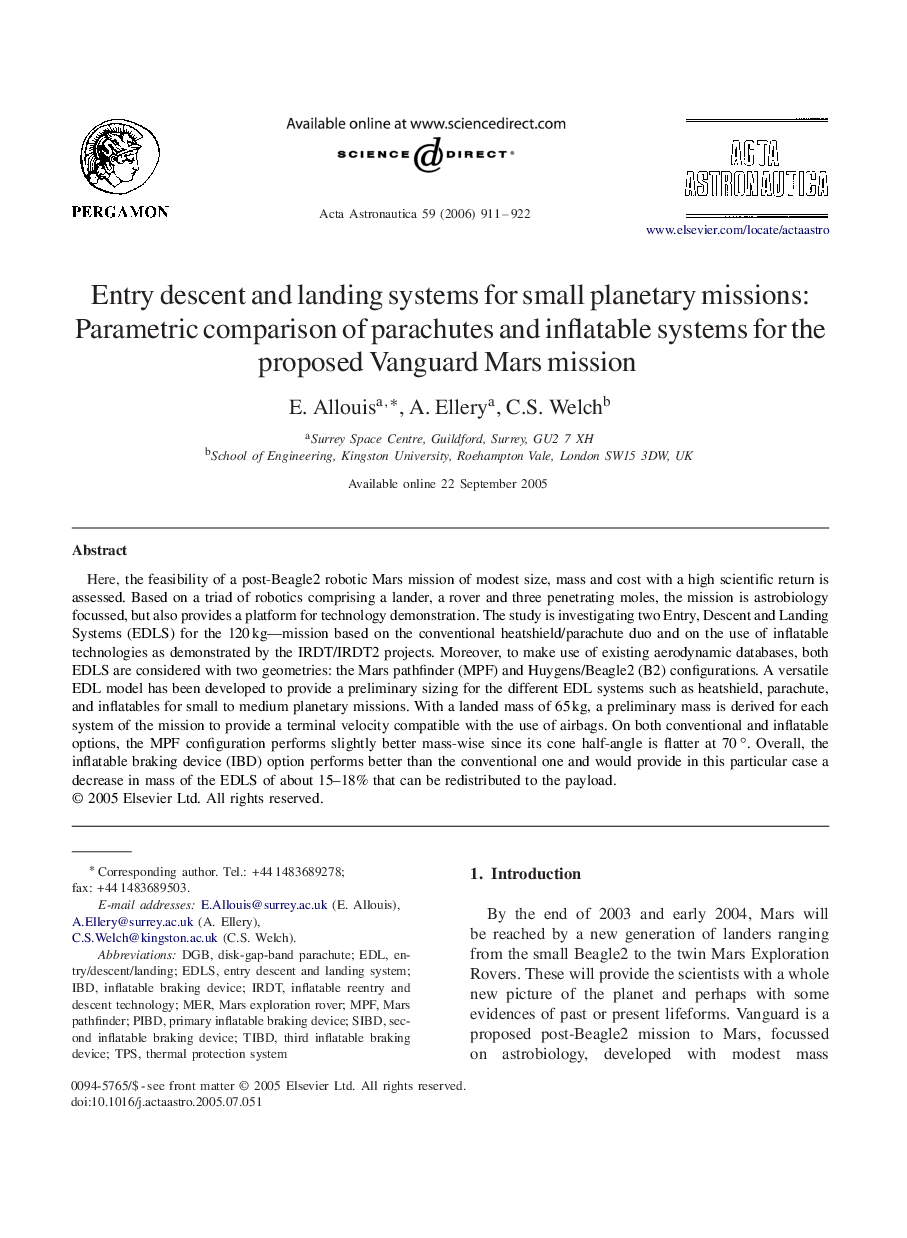 Entry descent and landing systems for small planetary missions: Parametric comparison of parachutes and inflatable systems for the proposed Vanguard Mars mission