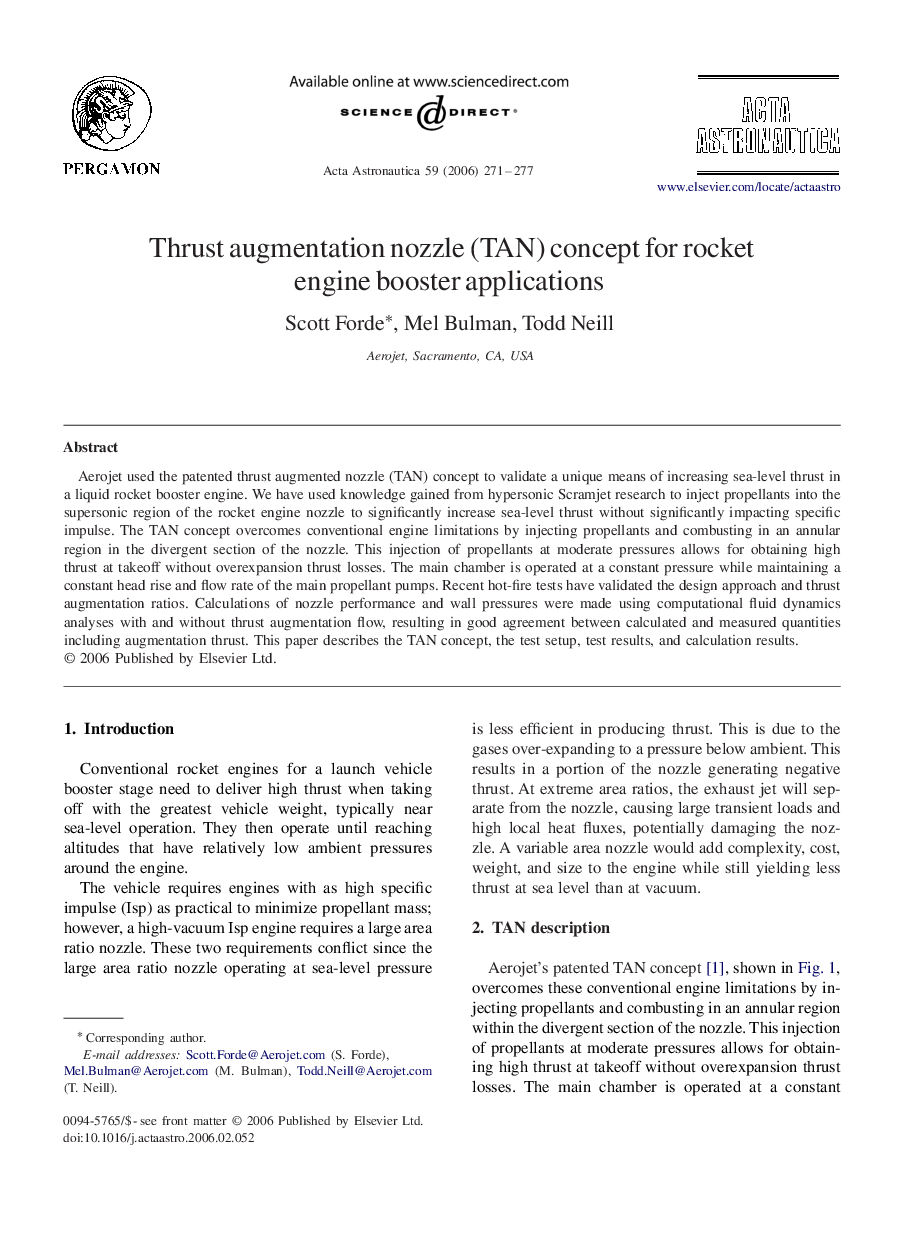 عکس صفحه اول مقاله: Thrust augmentation nozzle (TAN) concept for rocket engine booster applications Thrust augmentation nozzle (TAN) concept for rocket engine booster applications