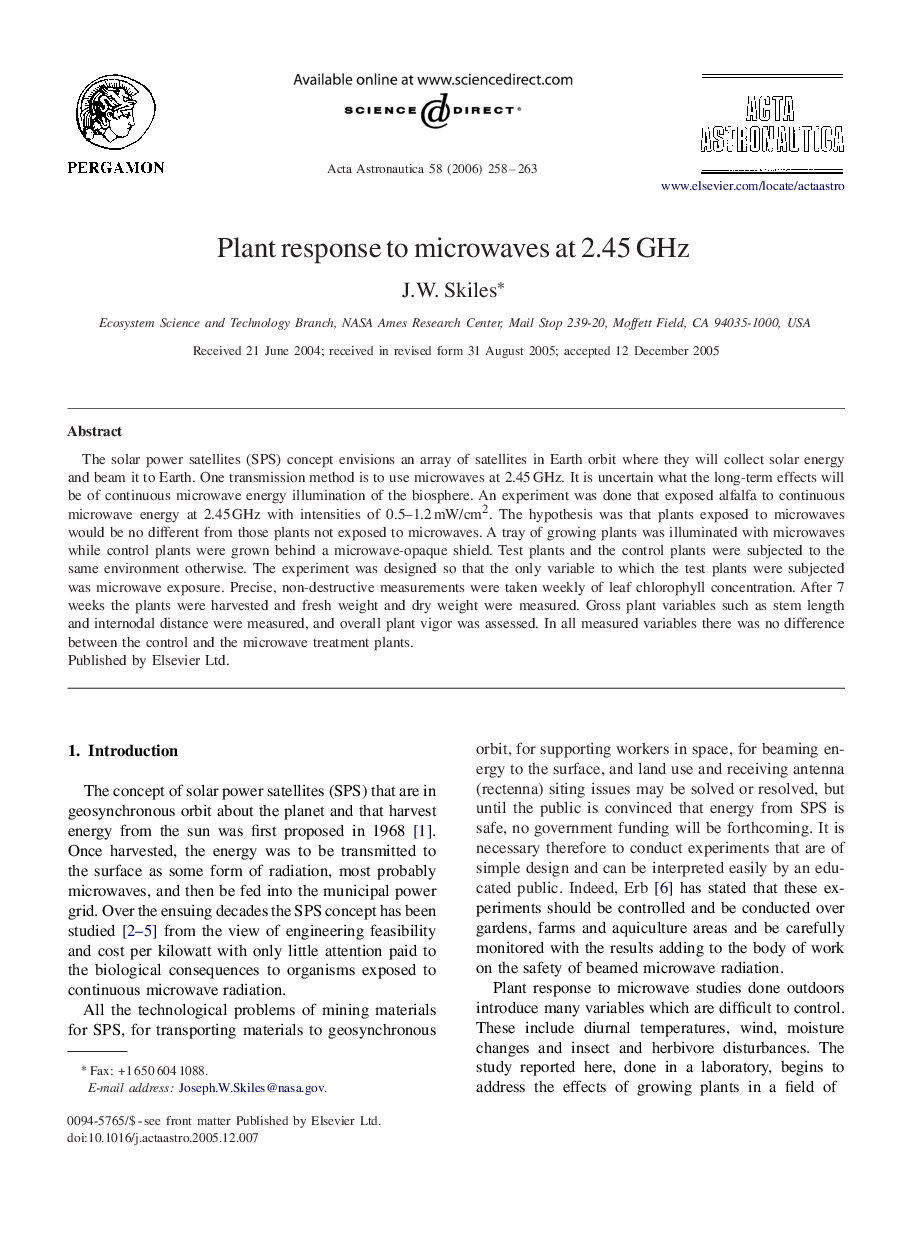 عکس صفحه اول مقاله: Plant response to microwaves at 2.45 GHz Plant response to microwaves at 2.45 GHz