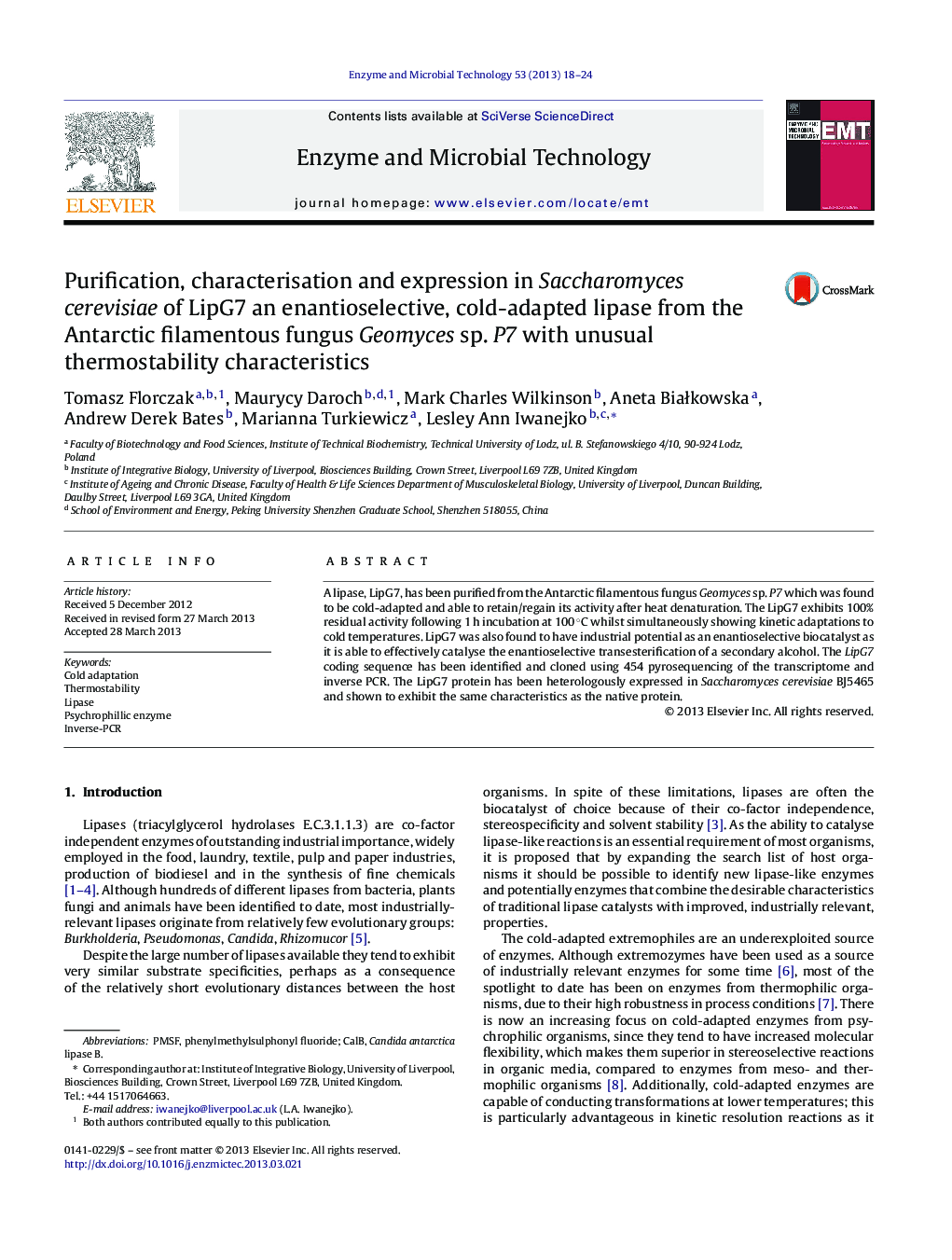 Purification, characterisation and expression in Saccharomyces cerevisiae of LipG7 an enantioselective, cold-adapted lipase from the Antarctic filamentous fungus Geomyces sp. P7 with unusual thermostability characteristics