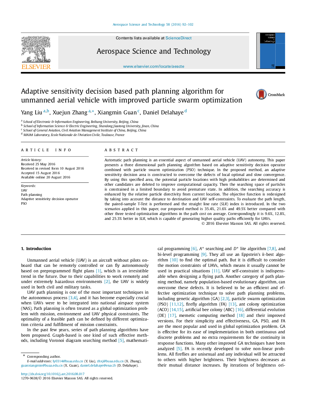 Adaptive sensitivity decision based path planning algorithm for unmanned aerial vehicle with improved particle swarm optimization