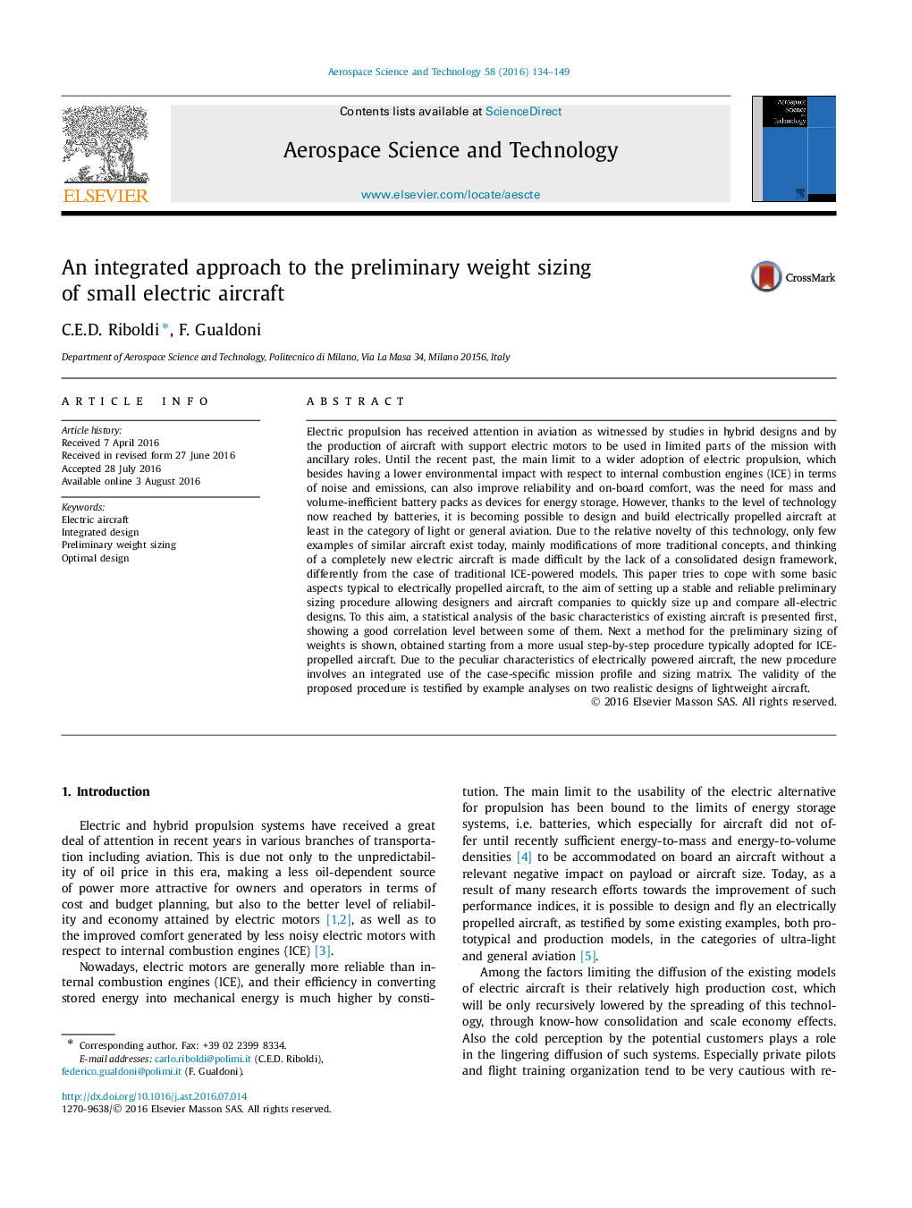 An integrated approach to the preliminary weight sizing of small electric aircraft