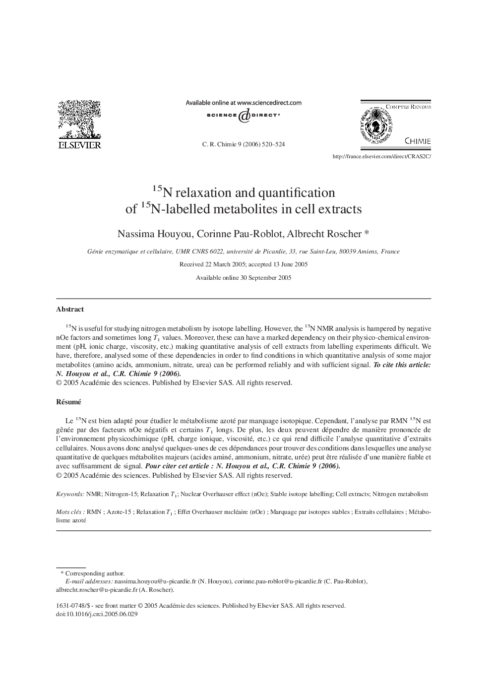 عکس صفحه اول مقاله: 15N relaxation and quantification of 15N-labelled metabolites in cell extracts 15N relaxation and quantification of 15N-labelled metabolites in cell extracts