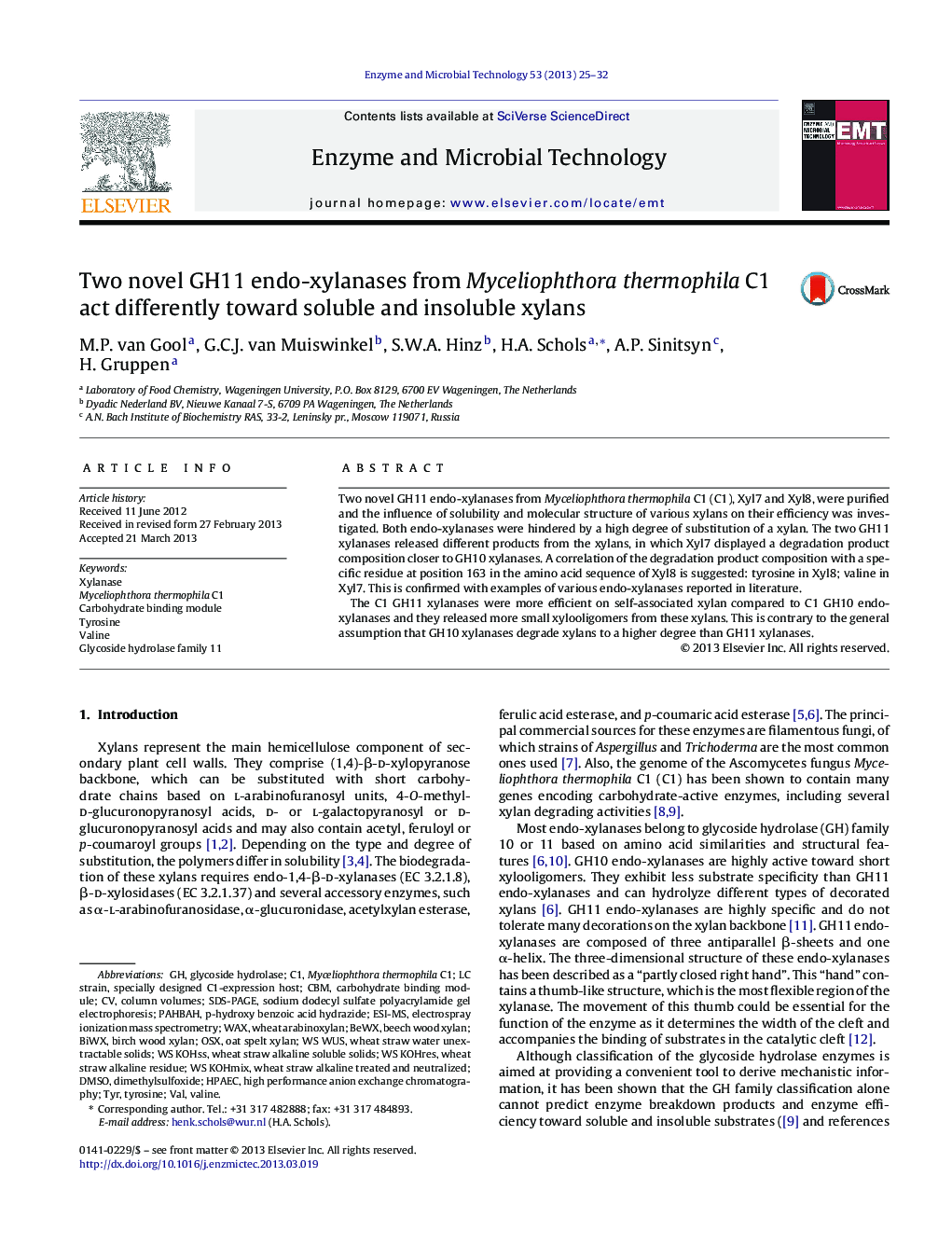 Two novel GH11 endo-xylanases from Myceliophthora thermophila C1 act differently toward soluble and insoluble xylans