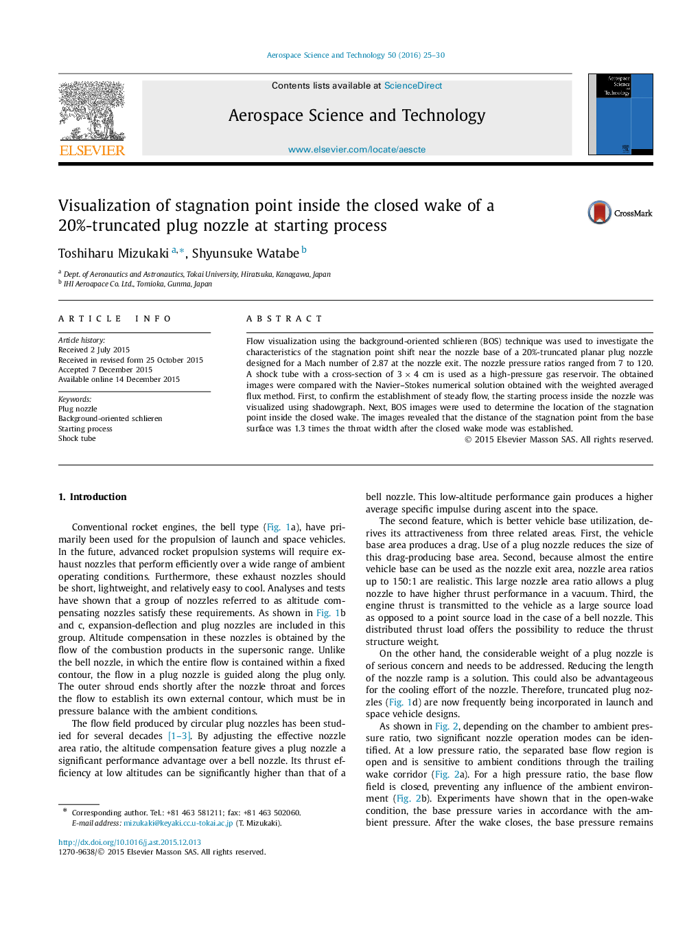 Visualization of stagnation point inside the closed wake of a 20%-truncated plug nozzle at starting process