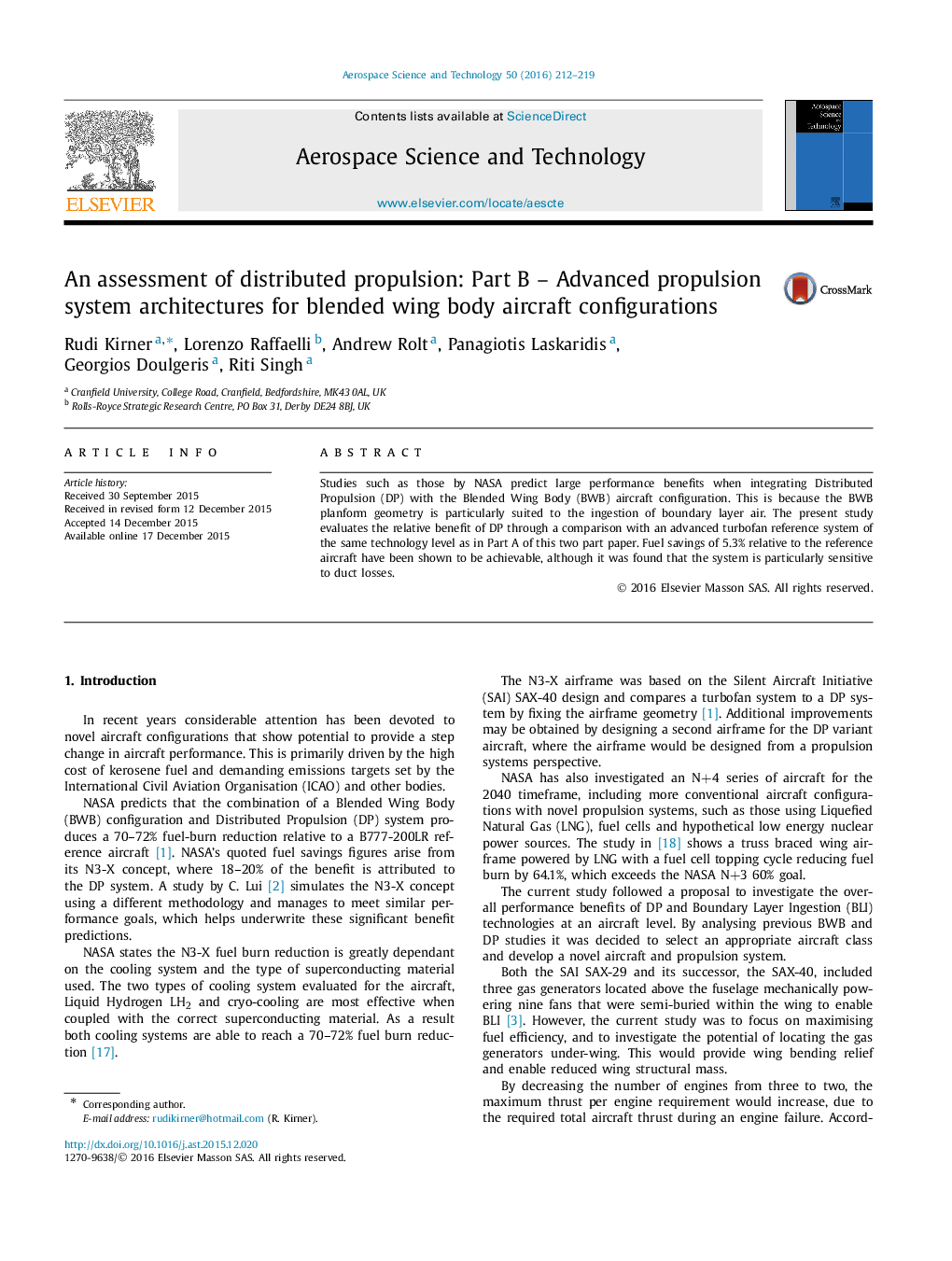 An assessment of distributed propulsion: Part B – Advanced propulsion system architectures for blended wing body aircraft configurations