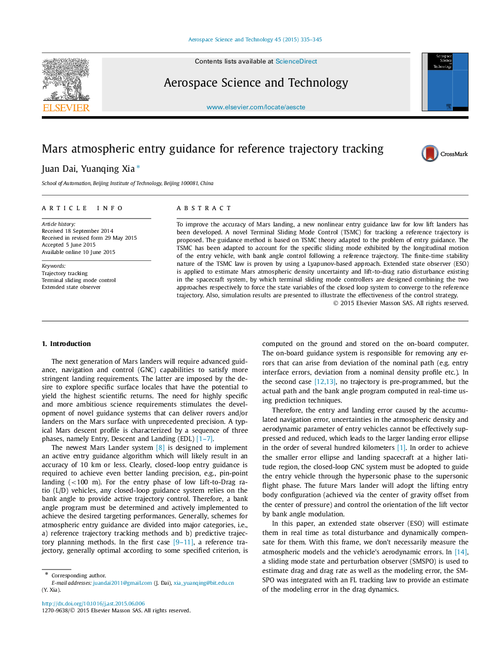 Mars atmospheric entry guidance for reference trajectory tracking