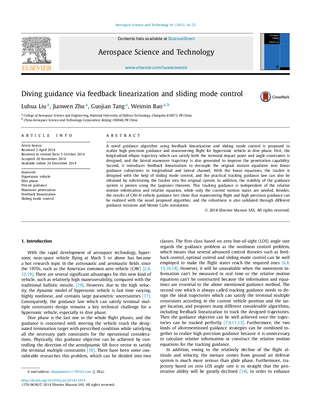 Diving guidance via feedback linearization and sliding mode control