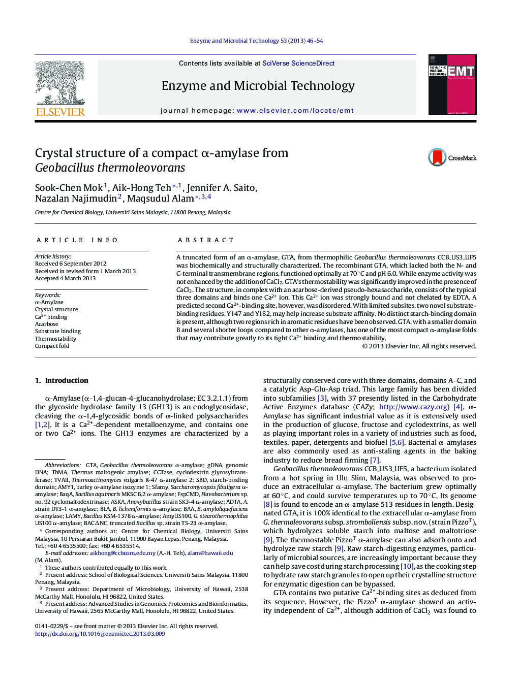 عکس صفحه اول مقاله: Crystal structure of a compact α-amylase from Geobacillus thermoleovorans Crystal structure of a compact α-amylase from Geobacillus thermoleovorans