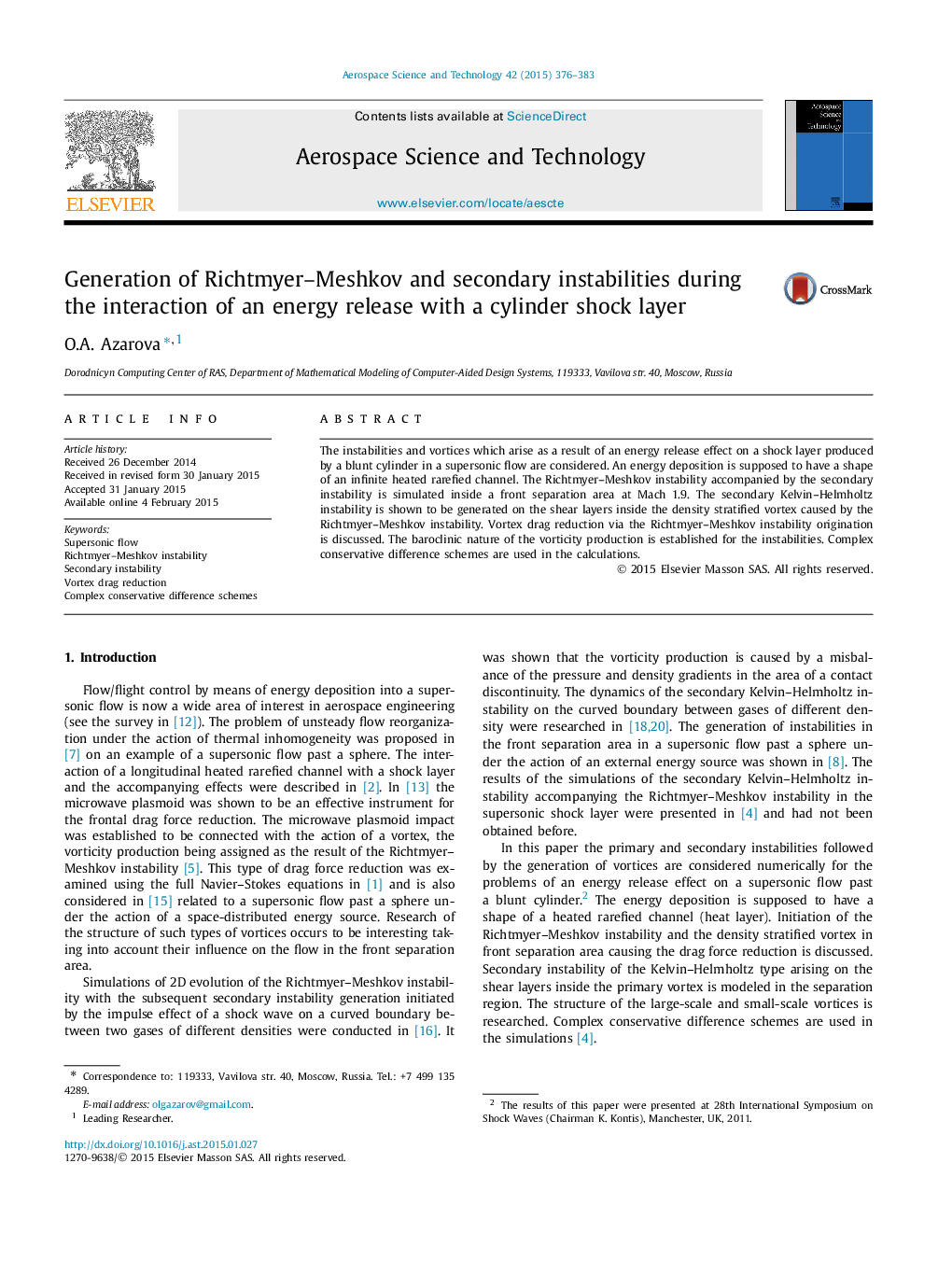 Generation of Richtmyer–Meshkov and secondary instabilities during the interaction of an energy release with a cylinder shock layer