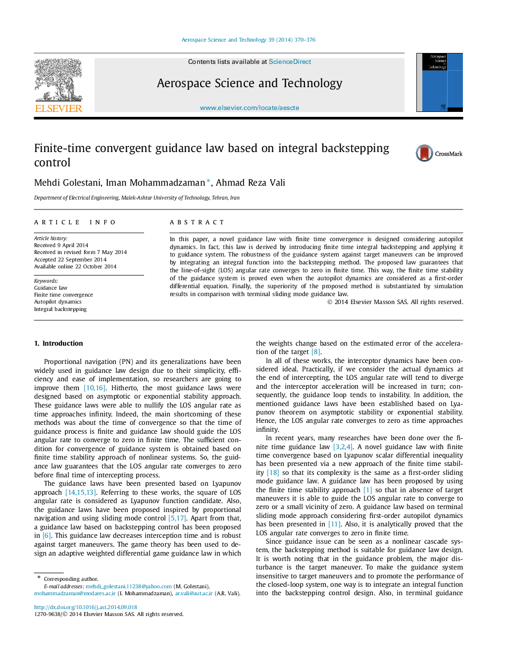 Finite-time convergent guidance law based on integral backstepping control