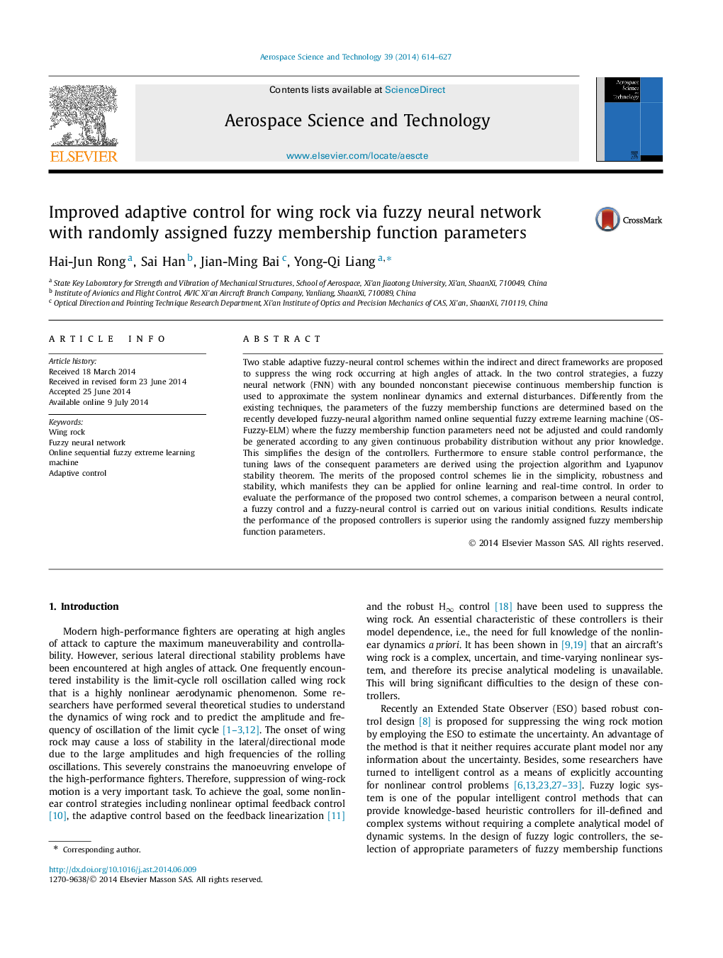 Improved adaptive control for wing rock via fuzzy neural network with randomly assigned fuzzy membership function parameters