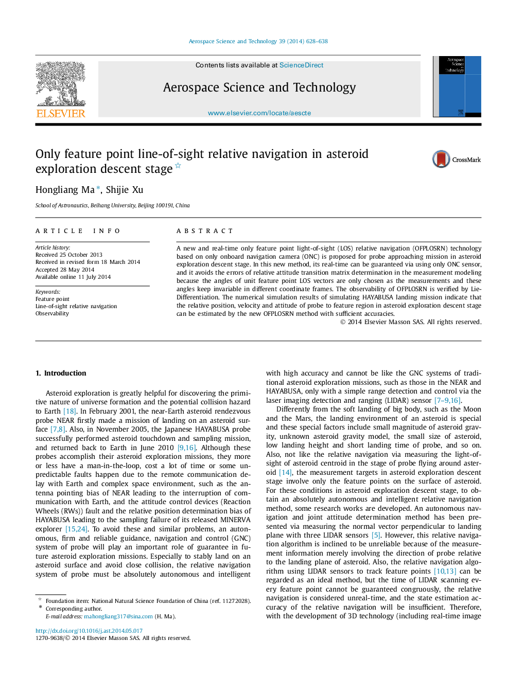 Only feature point line-of-sight relative navigation in asteroid exploration descent stage 