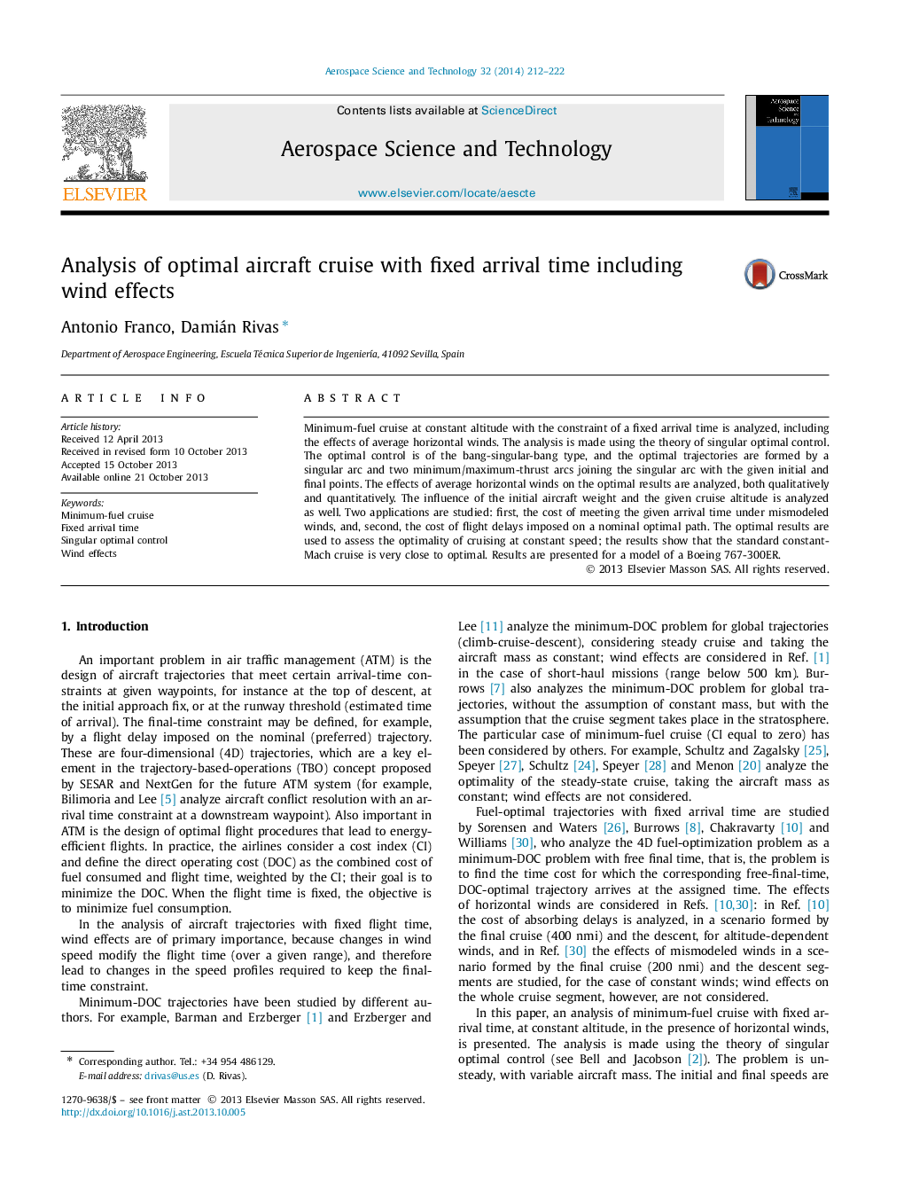 Analysis of optimal aircraft cruise with fixed arrival time including wind effects