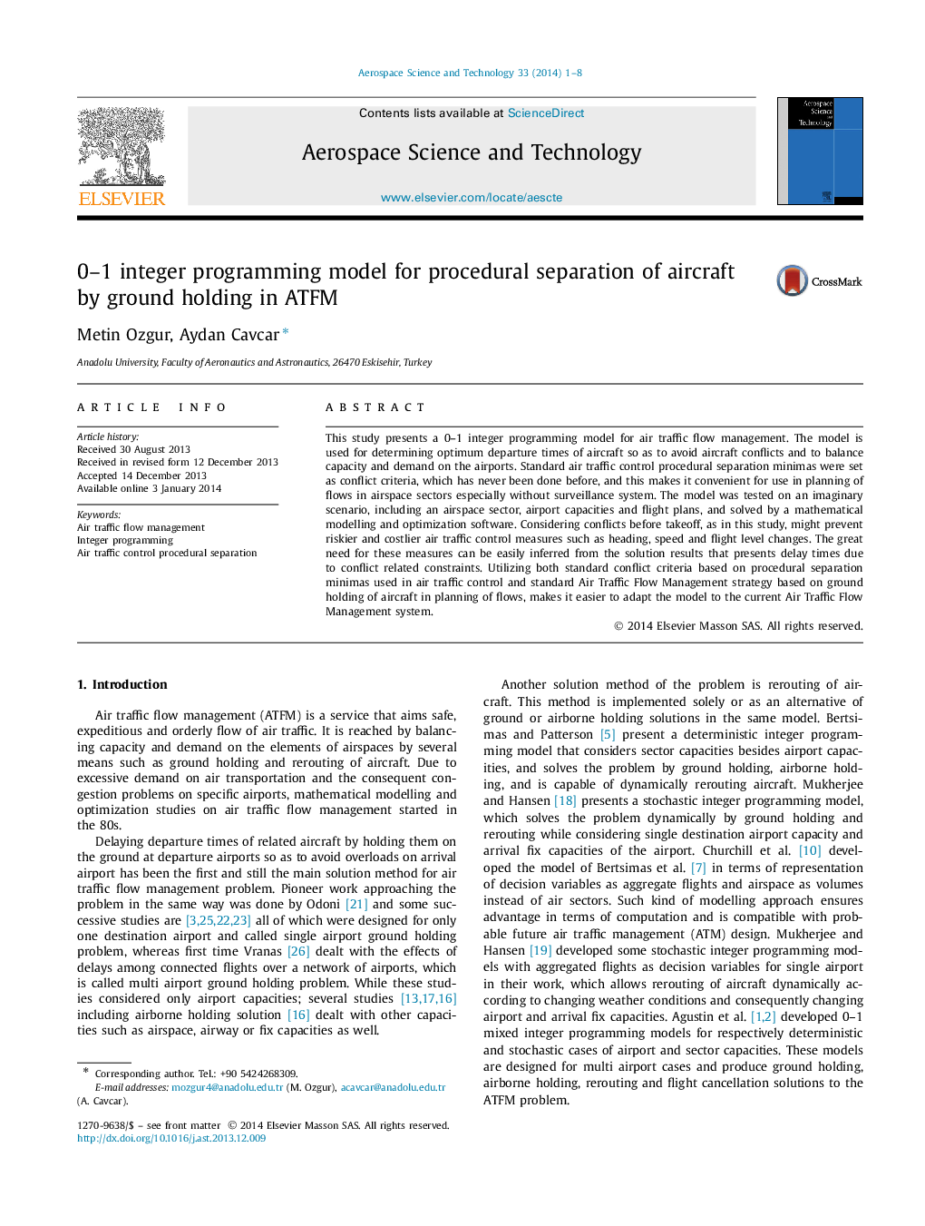 0–1 integer programming model for procedural separation of aircraft by ground holding in ATFM